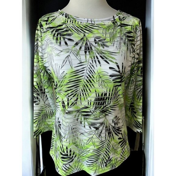 Hearts Of Palm Womens Green Black Print Quarter Sleeve Sheer Tunic Top Small - Picture 8 of 8